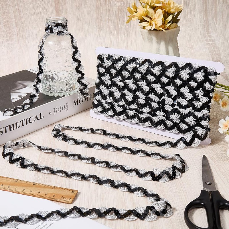CABODYALS 12 Yards Black Silver Sequin Trim Flat Sequins Beaded Strip Rick Rack Wave Gimp Woven Braid Trimming Metallic Glitter Ric Rac Fabric Ribbon for Sewing Making Crafts Clothes Diy Costume Decor - Image 3